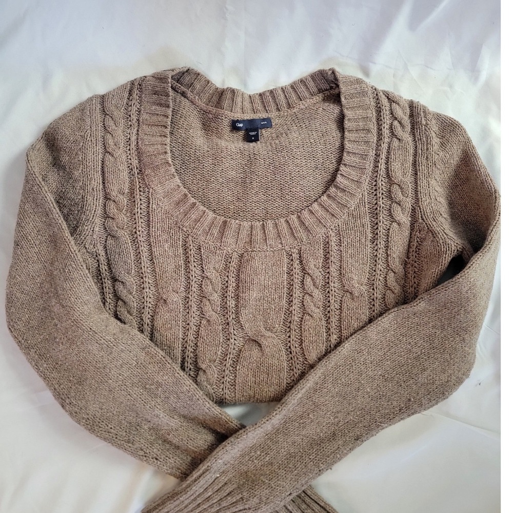 Gap Women Scoop Neck Cable Knit Sweater Taupe Brown Cotton Wool Blend Size S‎